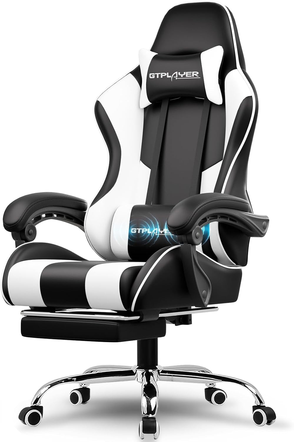 Gaming Chair, Computer Chair with Footrest and Lumbar Support, Height Adjustable Game Chair with 360°-Swivel Seat and Headrest and for Office or Gaming (White)
